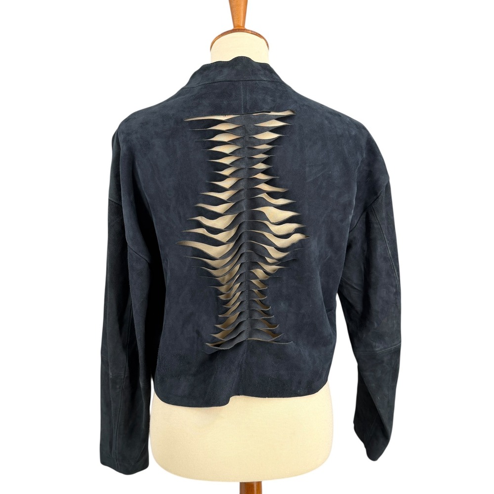 Sandro Paris Goat Leather Jacket Size Small Suede Crop Cut‎ Out Back Blue Black
